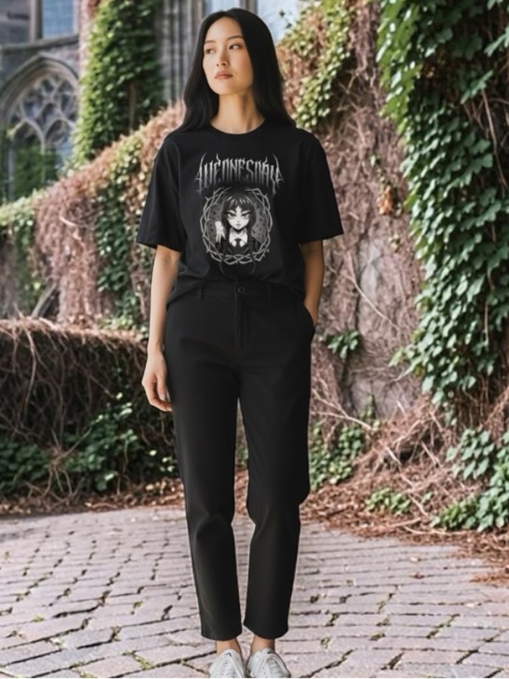 Wednesday Addams Cartoon Portrait Graphic T-Shirt Large